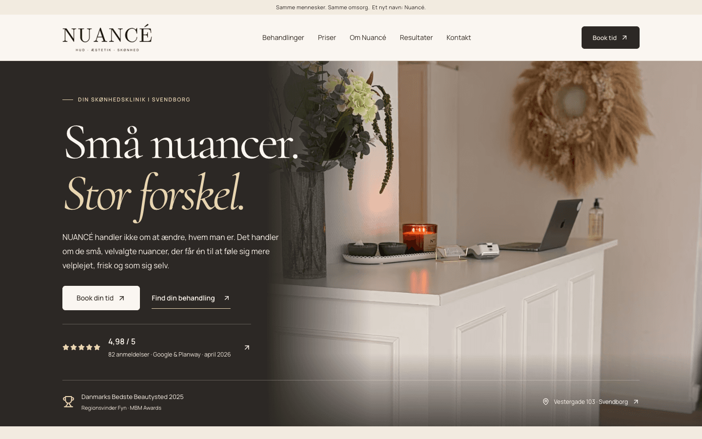 Nuancés hjemmeside med klinikkens nye navn, visuelle udtryk og bookingindgang
