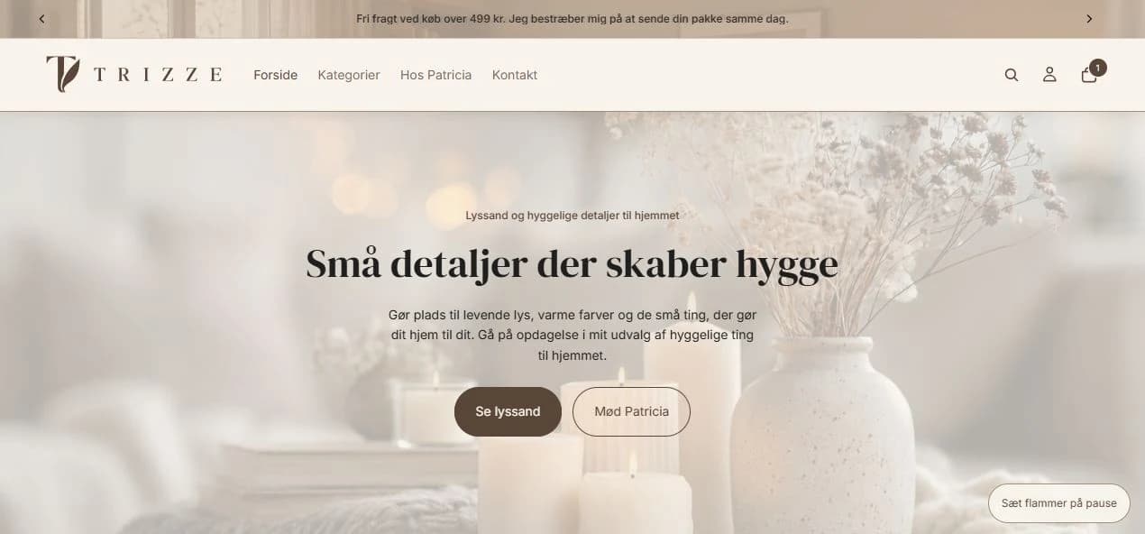 Skærmbillede af Trizzes Shopify-forside med lyssand og boligtilbehør