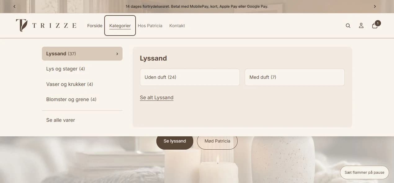 Trizzes kategorimenu med lyssand opdelt i med og uden duft