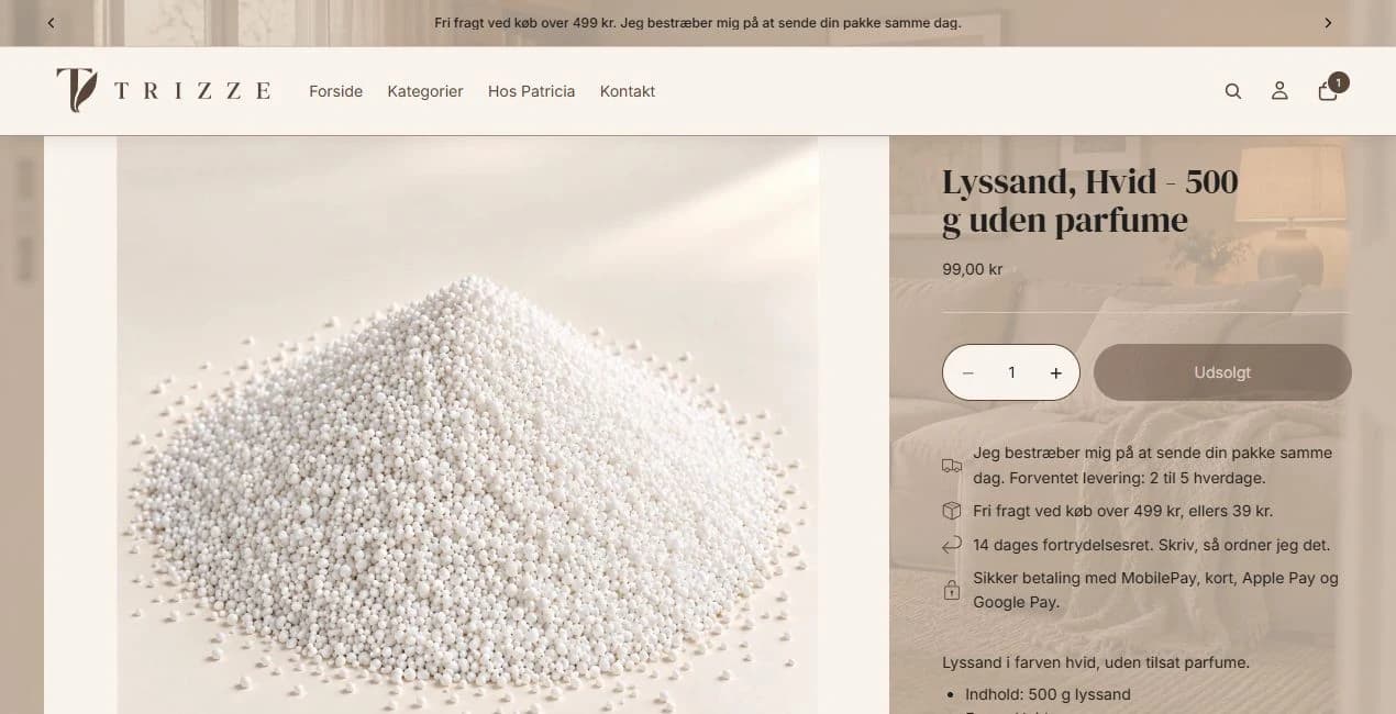 Trizzes produktside for hvidt lyssand med produktillustration, pris og information